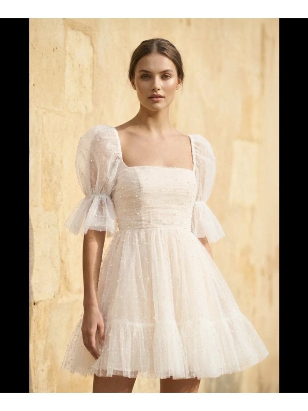 By Watters Pearl-Embellished Macaron Tulle Mini Dress With Puff Sleeves Size 12